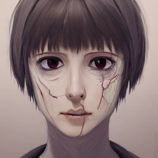 Image similar to beautiful pure evil teenager lain, cute haircut, with hundreds of network cables, neatly coming out of her head, a part of her face panel is showing, she is in pure bliss, chaos, bizarre, strange, portrait, painting, soft and intricate, fine lines, face is breaking like a porcelain doll, by artgerm,