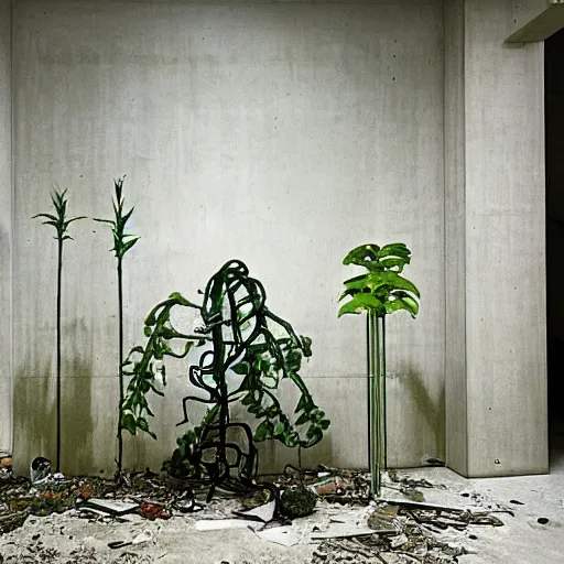 Image similar to an abandoned modern art deco room in a concrete building, few plants, dreamy, overcast, by hans bellmer