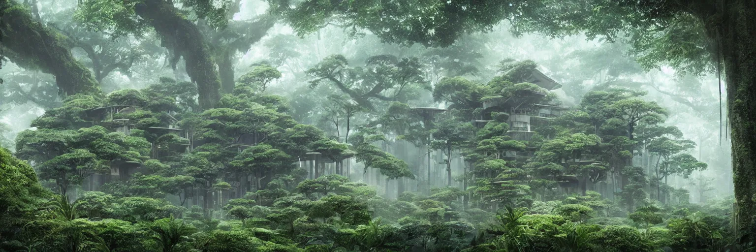 Image similar to A building inspired by Japanese Metabolism architecture deep in the rainforest. The building features the shape of a mycelium network. Intricate. Highly detailed. High majestic trees, marvelous nature. Sense of awe. Cinematic. Mist. Low angle wide shot. 8k. Digital painting in the style of Pascal Blanche and Craig Mullins