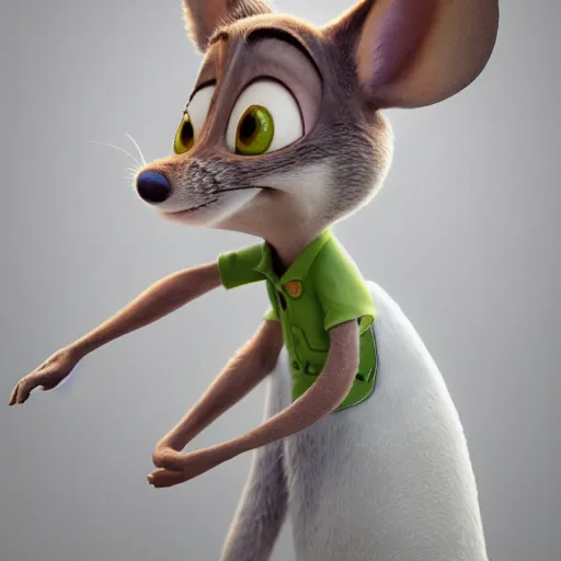Image similar to 3 d render, portrait, anthropomorphic mouse, female, in a maxi white dress, in the style of zootopia, closeup, artstation