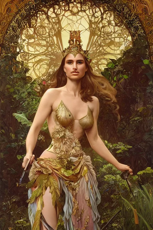 Prompt: natalie portman as queen of the jungle, running, full figure, painted by nekro, alphonse mucha, dark - fantasy, intricate detail, artstation, cgsociety, rococo, gold leaf art