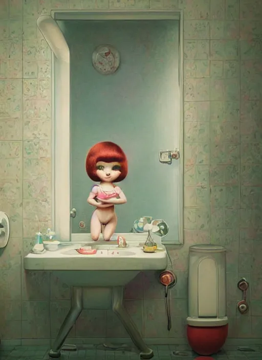 Image similar to highly detailed wide - angle portrait of a retro 1 9 6 0 s bathroom, nicoletta ceccoli, mark ryden, lostfish, earl nore, hyung tae, frank frazetta, global illumination, god rays, detailed and intricate environment