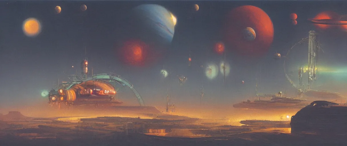 Image similar to a wide shot of a large distant hi-tech sci-fi spaceship from the outside, with a lot of bright color lights, bridges, turrets, pipes, orbiting a gas giant planet, beautiful, volumetric light, photography, color, intricate, extremely detailed, photorealistic, a painting by Beksinski