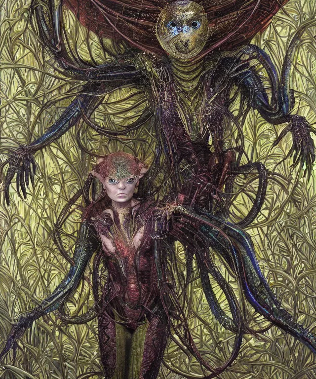 Prompt: a portrait photograph of a striped fierce sadie sink as a strong alien harpy queen with amphibian skin. she is dressed in a fiery lace shiny metal slimy organic membrane catsuit and transforming into a insectoid snake bird. by donato giancola, walton ford, ernst haeckel, peter mohrbacher, hr giger. 8 k, cgsociety