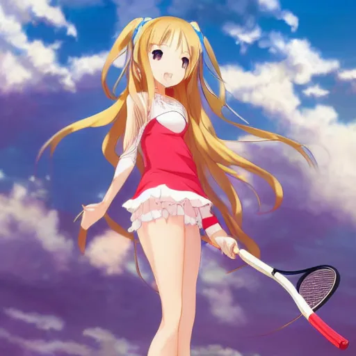 Image similar to a very beautiful young anime tennis yuuki asuna, full body, long wavy blond hair, sky blue eyes, full round face, bikini, miniskirt, front view, mid - shot, highly detailed, cinematic wallpaper by stanley artgerm lau