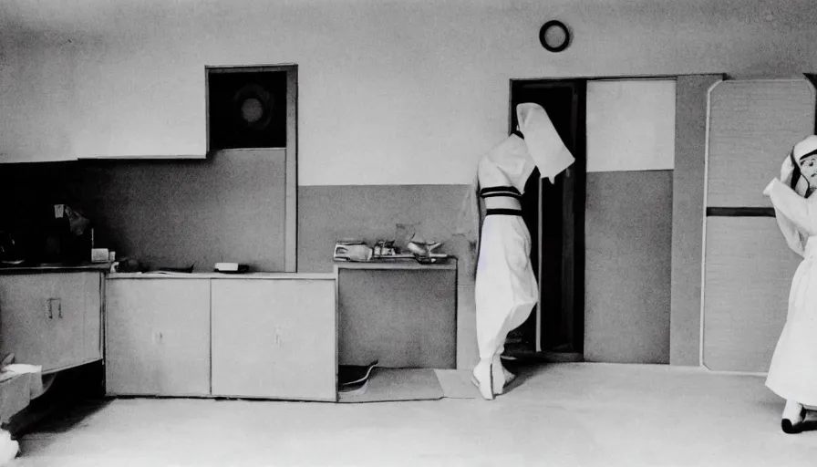 Image similar to 60s movie still of a white japanese female phantom in a non-euclidian house, eastmancolor, heavy grain, high quality, higly detailed, liminal space