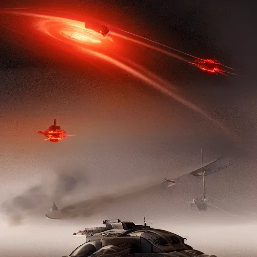 Image similar to sci - fi spaceship in combat, in planet atmosphere and dense fog, explosions, highly detailed, trending on artstation, denis villeneuve