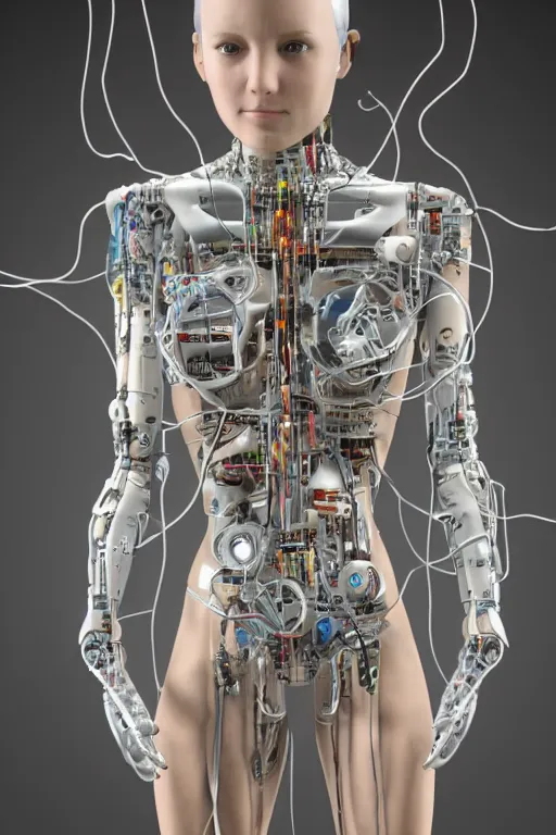 Prompt: Cyborg girl with wires and mechanisms sticking out of her body, full-length view, hyperrealism