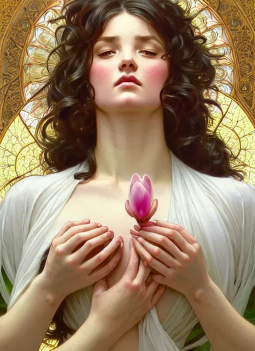 Prompt: perfectly detailed magnolia flowers!! blessed by nature with ever - increasing physical mental perfection, symmetrical! intricate, sensual features, highly detailed, biblical divine holy perfection!! digital painting, artstation, concept art, smooth, sharp focus, illustration, art by artgerm and greg rutkowski and alphonse mucha