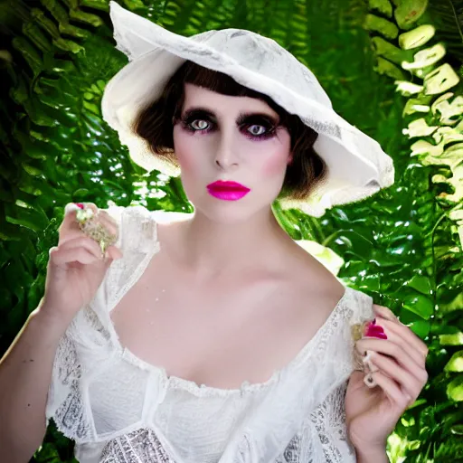 Image similar to big eyes full body fashion model margot robie smokey eyes makeup eye shadow textured film grain fantasy, glow, shimmer as victorian woman in a long white frilly lace dress and a large white hat having tea in a sunroom filled with flowers, roses and lush fern flowers ,intricate, night, highly detailed, dramatic lighting , high quality