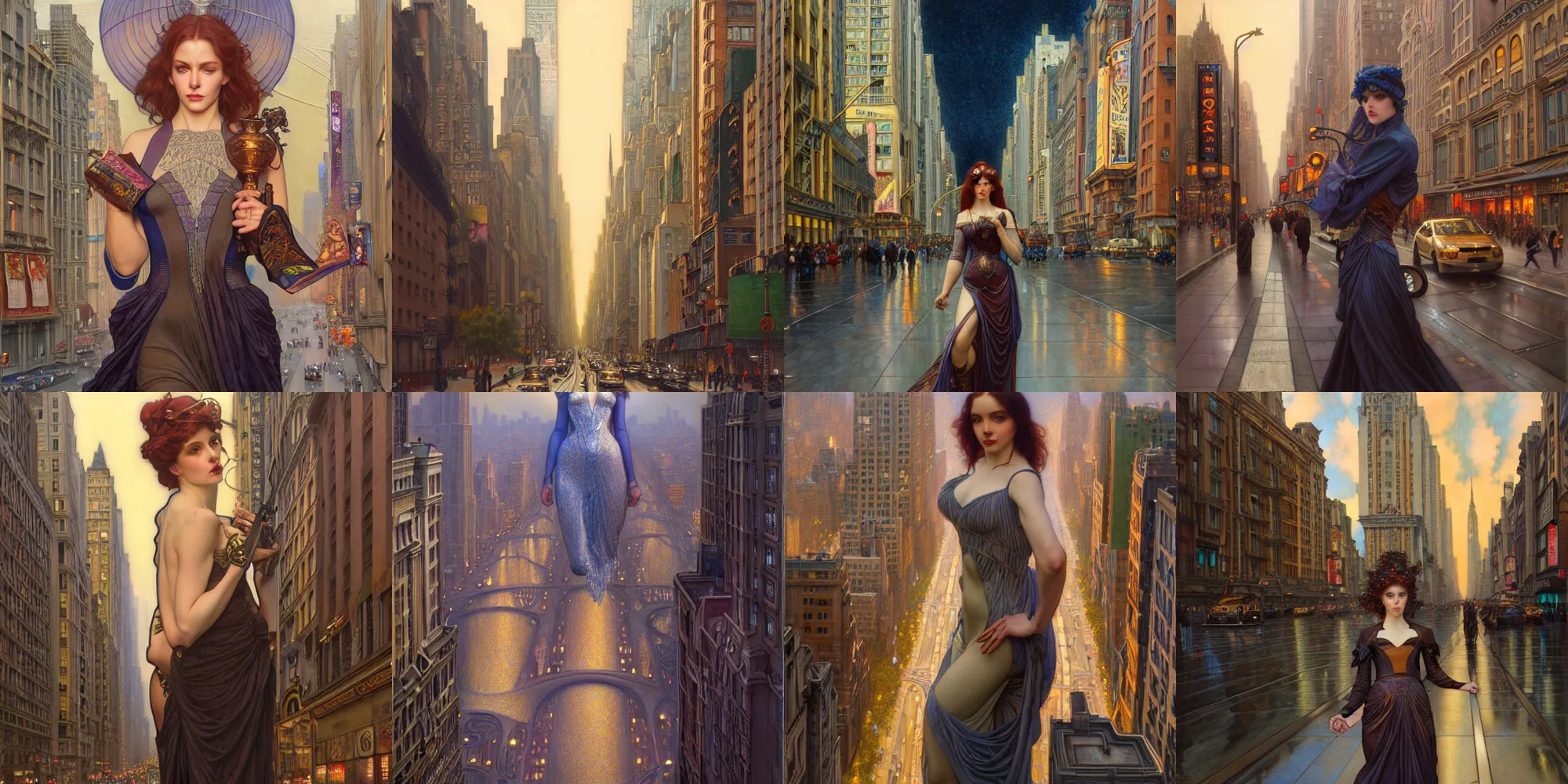 Prompt: New York City drawn by Donato Giancola and Tom Bagshaw, streets by Artgerm, overall design by Alphonse Mucha, background by James Jean and Gustav Klimt, light by Julie Bell, 4k, accurate roads, komorebi, french nouveau, trending on artstation, octane render, hyperrealistic, intricate, elegant