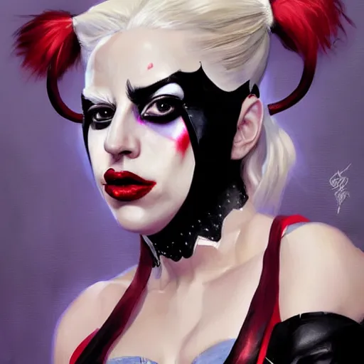 Image similar to lady gaga as harley quinn, portrait, painted by greg rutkowski