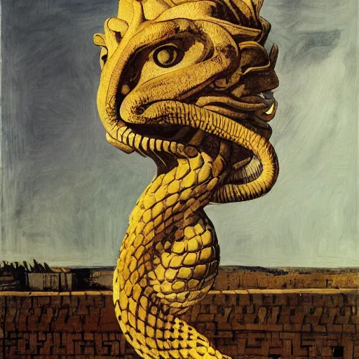 Prompt: a snake snake disguised as a lion head neck neck head mane tall long viper teeth head eyes giorgio de chirico peter doig greg rutkowski lucian freud arsen savadov dan witz vik muniz
