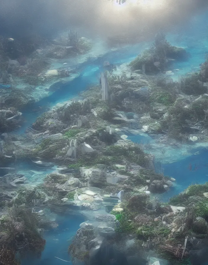 Image similar to landscape underwater utopian city on the ocean floor, 8k, hyper realism.