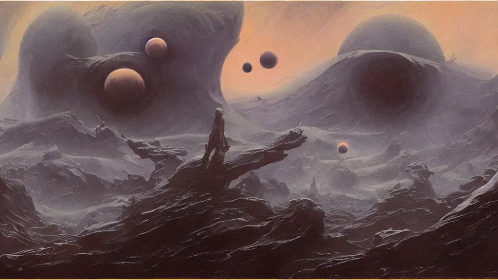 Image similar to eerie atmospheric evolving alien planet by gerald brom and vincent di fate, epic cinematic matte painting