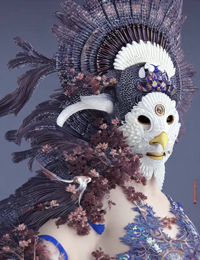 Image similar to 3 d goddess close - up profile portrait biomechanics with ram skull. beautiful intricately detailed japanese crow kitsune mask and clasical japanese kimono. betta fish, jellyfish phoenix, bio luminescent, plasma, ice, water, wind, creature, artwork by tooth wu and wlop and beeple and greg rutkowski