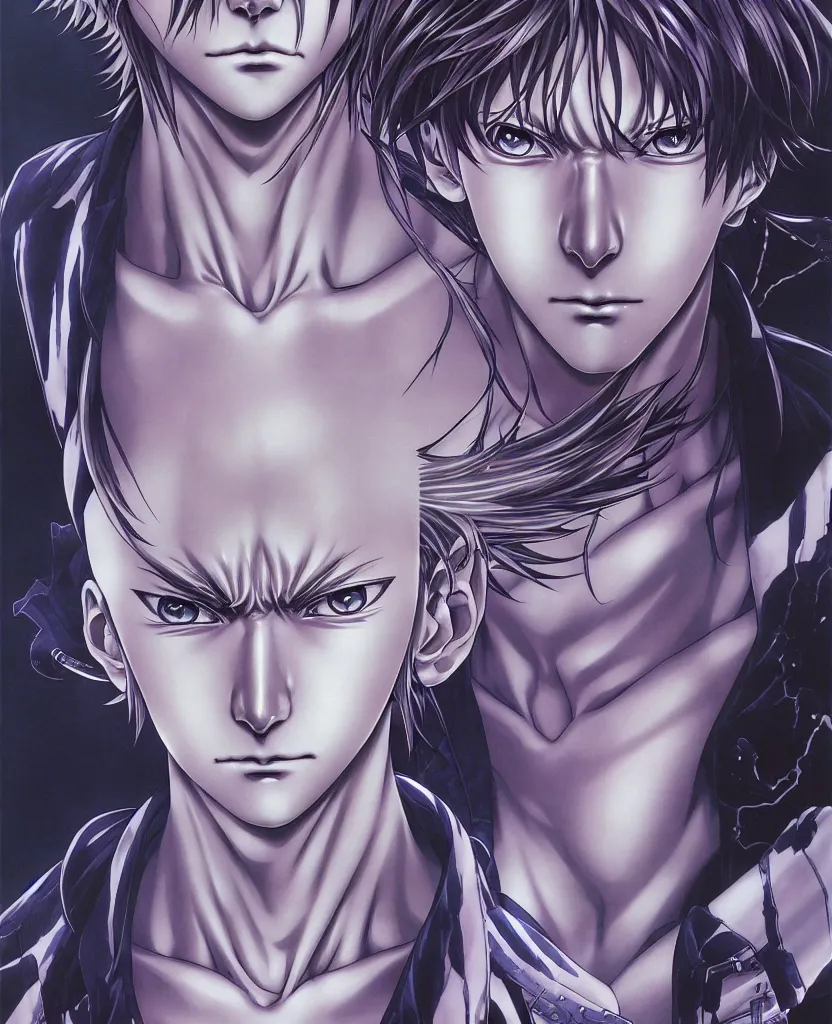 Image similar to symmetrical. realistic detailed image of anime portrait, realistic detailed male character, kaworu nagisa, depth perception, masterpiece, depth of field, action horror, gothic. art by yoshitaka amano, by yukito kishiro, by yoshiyuki sadamoto, by artgerm, by hajime sorayama