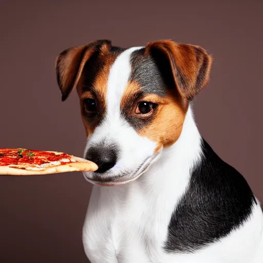 Image similar to detailed photo of a white jack russel eating pizza, various poses, full body, studio light, 8 k, photorealism, intricate detail, diffuse lighting