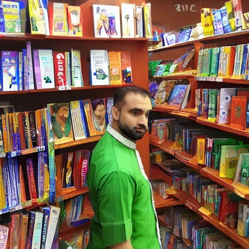 Prompt: Italian/Irish guy in kurta as a cashier in the bookstore at a Hindu ashram