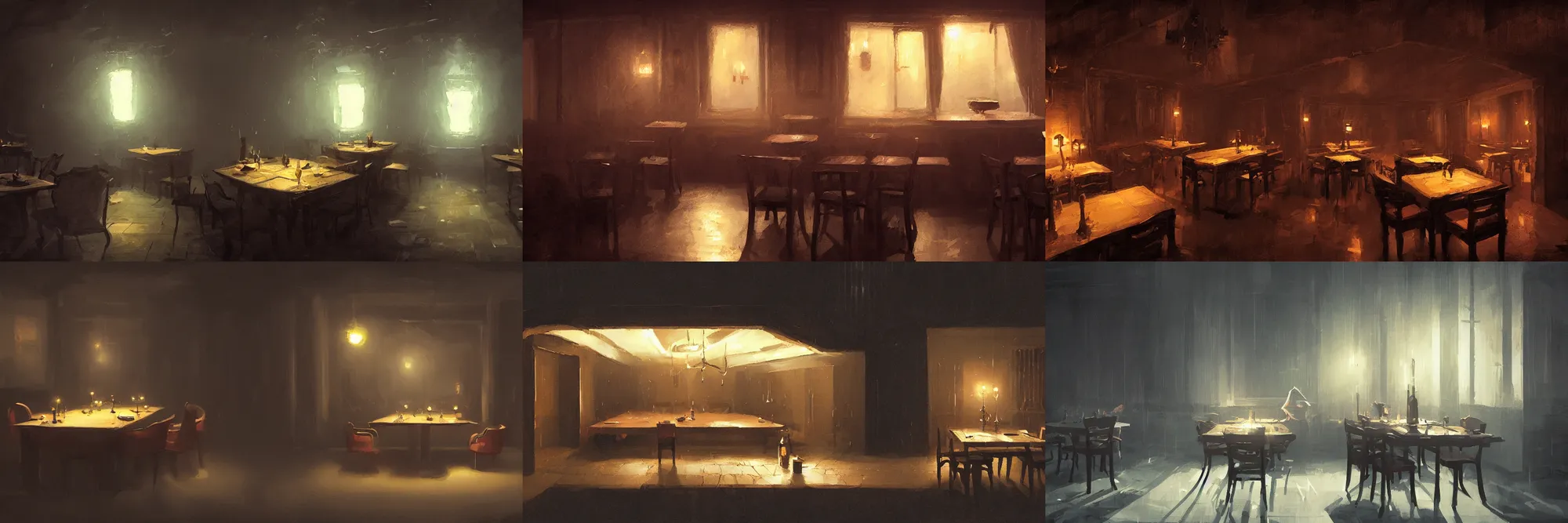 Prompt: 2 d game art sidescroller dark dining room, night, side angle, by greg rutkowski