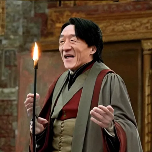 Image similar to Jackie Chan as Dumbledore giving a speech to the students