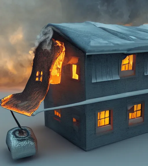 Image similar to melting, plastic house, on fire, cinematic lighting, highly detailed 8 k