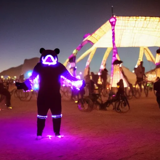 Image similar to a panda wearing led - lined clothing dancing at night on a busy playa at burning man