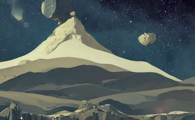 Image similar to mountains, stars and paisley filled sky, artstation, intricate, highly detailed, digital painting, concept art, sharp focus, illustration by Piero della Francesca and Kilian Eng
