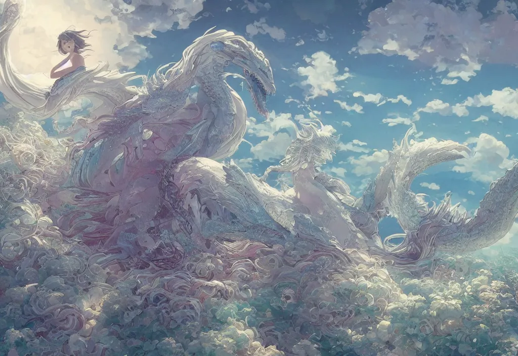 Image similar to the beautiful hyper detailed scene render that a lonely single beautiful girl lies in the arms of a huge silver dragon alone in the fairyland surrounded by white clouds, in the style of makoto shinkai victo ngai and peter mohrbacher studio ghibli artgerm karol bak beeple, animation style, 8 k hd, dream, ultra wide angle, animation style