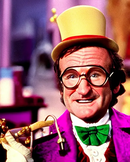 Image similar to Film still close-up shot of Robin Williams as Willy Wonka from the movie Willy Wonka & The Chocolate Factory. Photographic, photography