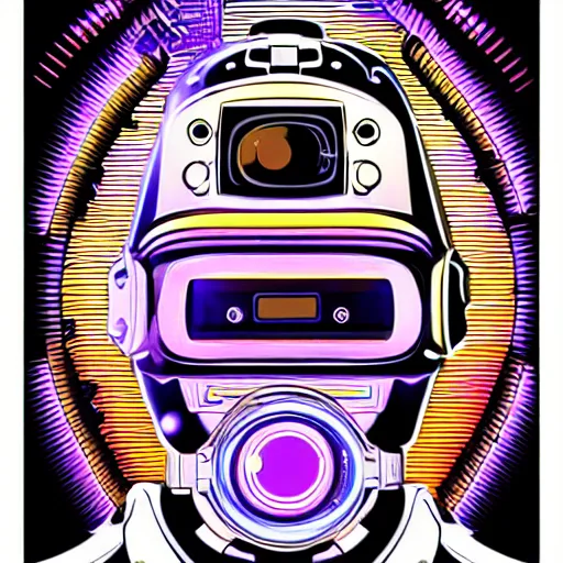 Image similar to hyperdetailed portrait of a spaced out steampunk robot head, 8 k, symetrical, flourescent, halluzinogenic, meditative, multicolored vector art, black background