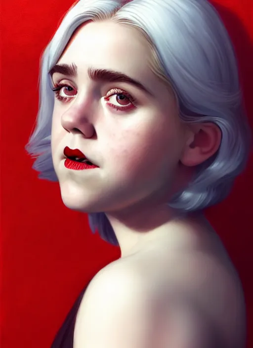 Image similar to full body portrait, kiernan shipka as sabrina spellman, white hair, obese, bangs, sultry, realistic, sultry smirk, fluffy bangs, freckles, fat, belly, intricate, elegant, highly detailed, digital painting, artstation, concept art, smooth, sharp focus, illustration, art by wlop, mars ravelo and greg rutkowski