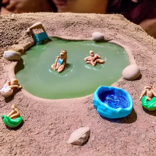 Image similar to a tiny people at a clay pool model full of resin as water which has a model of a clay octopus inside, resin and clay art.