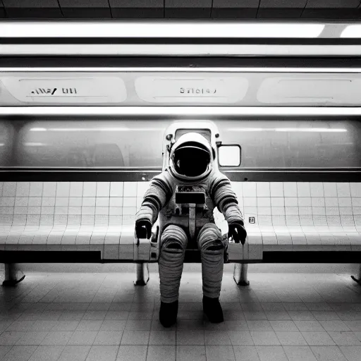 Image similar to a beautiful photo of an astronaut waiting in a subway station, 1970', soft light, morning light, photorealistic, realistic, octane, 8k, cinematic shot