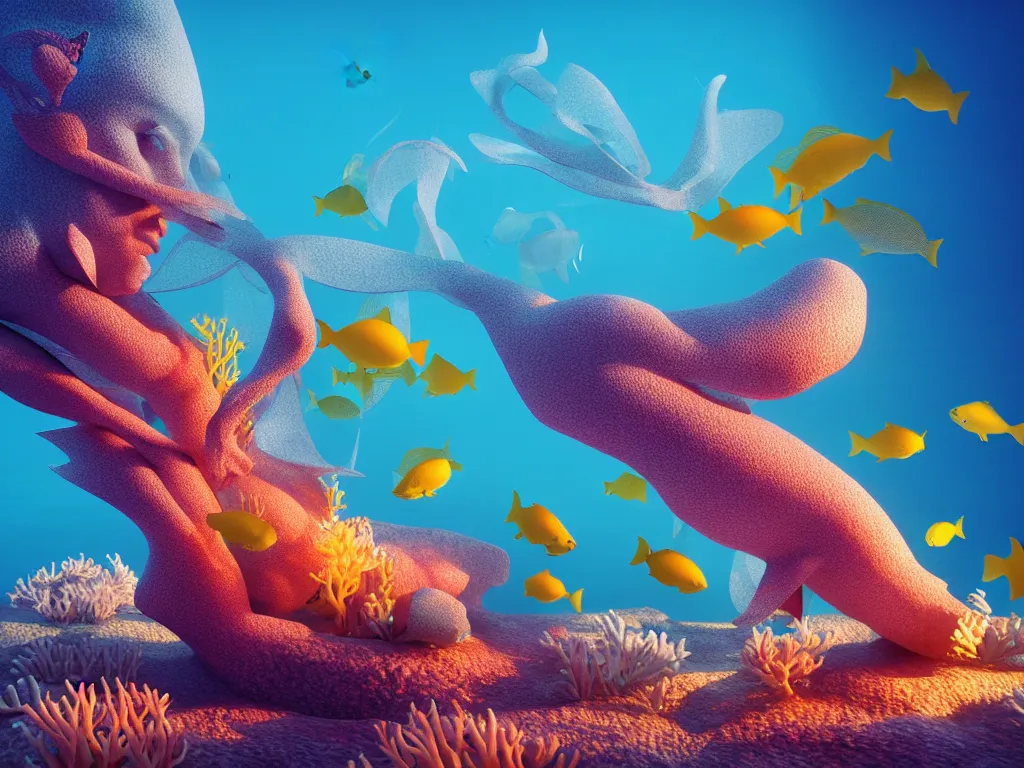 Image similar to a sculpture of fish ocean intertwined, diode lighting, a lovely cornucopia of flowers and human body parts, body parts, highly detailed, octane render, cinematic, sharp focus, clean, studio lighting, sunset, great barrier reef