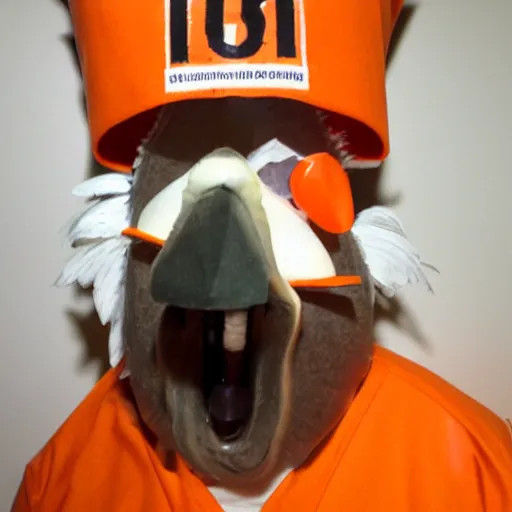 Image similar to chicken dressed as an inmate