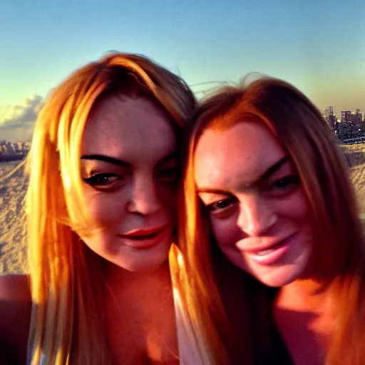 Prompt: Selfie photograph of Lindsay Lohan and Lindsay Lohan, golden hour, 8k,