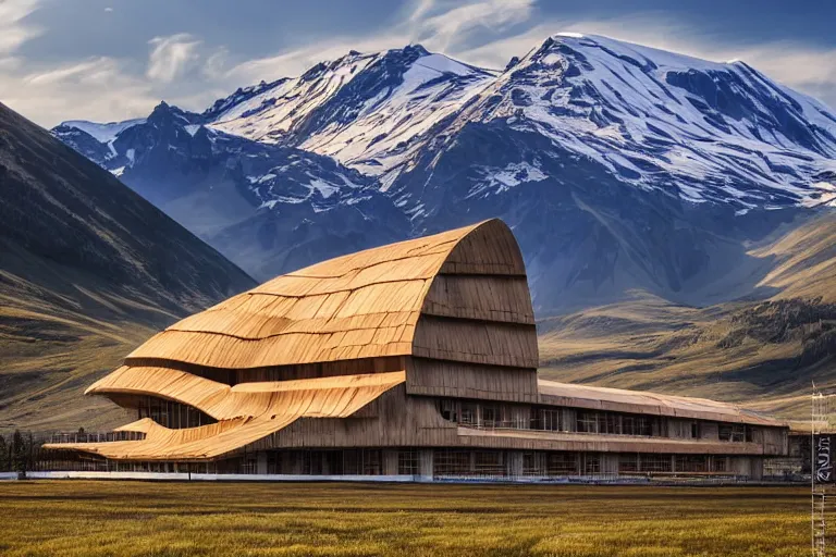 Prompt: architecture photo modern wooden fachwerk giant opera building settlement with Elbrus mountain on the background, architecture, photorealism 8k , shining and happy atmosphere, uplight, high details