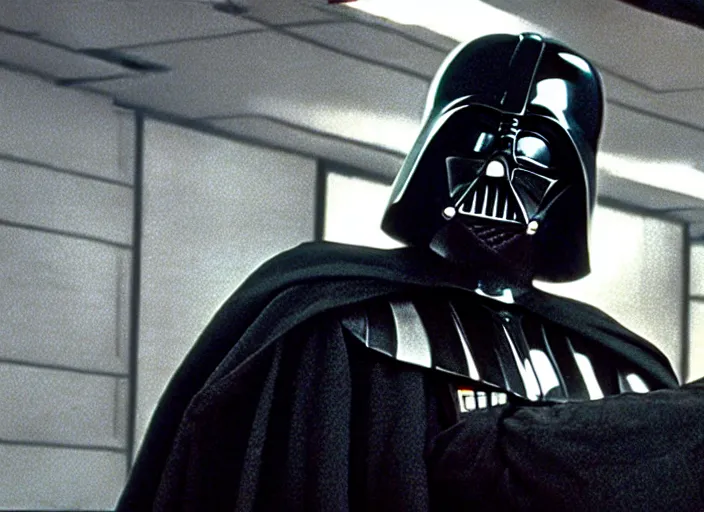 Prompt: film still of Darth Vader as Dante in Clerks movie 1994