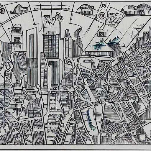 Prompt: a map of a technologically advanced city in a tropical island surrounded by water with a few ships stationed around it. architectural illustration, vienna secession, expressionism