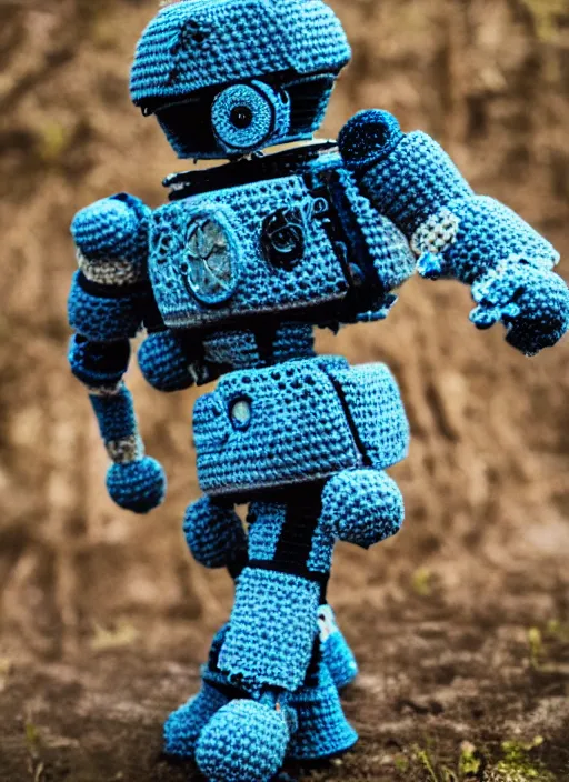 Image similar to a crochet mecha, realistic, Sigma 50 mm f/1.4