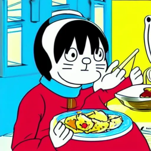 Prompt: doraemon eating samosa, manga!! style