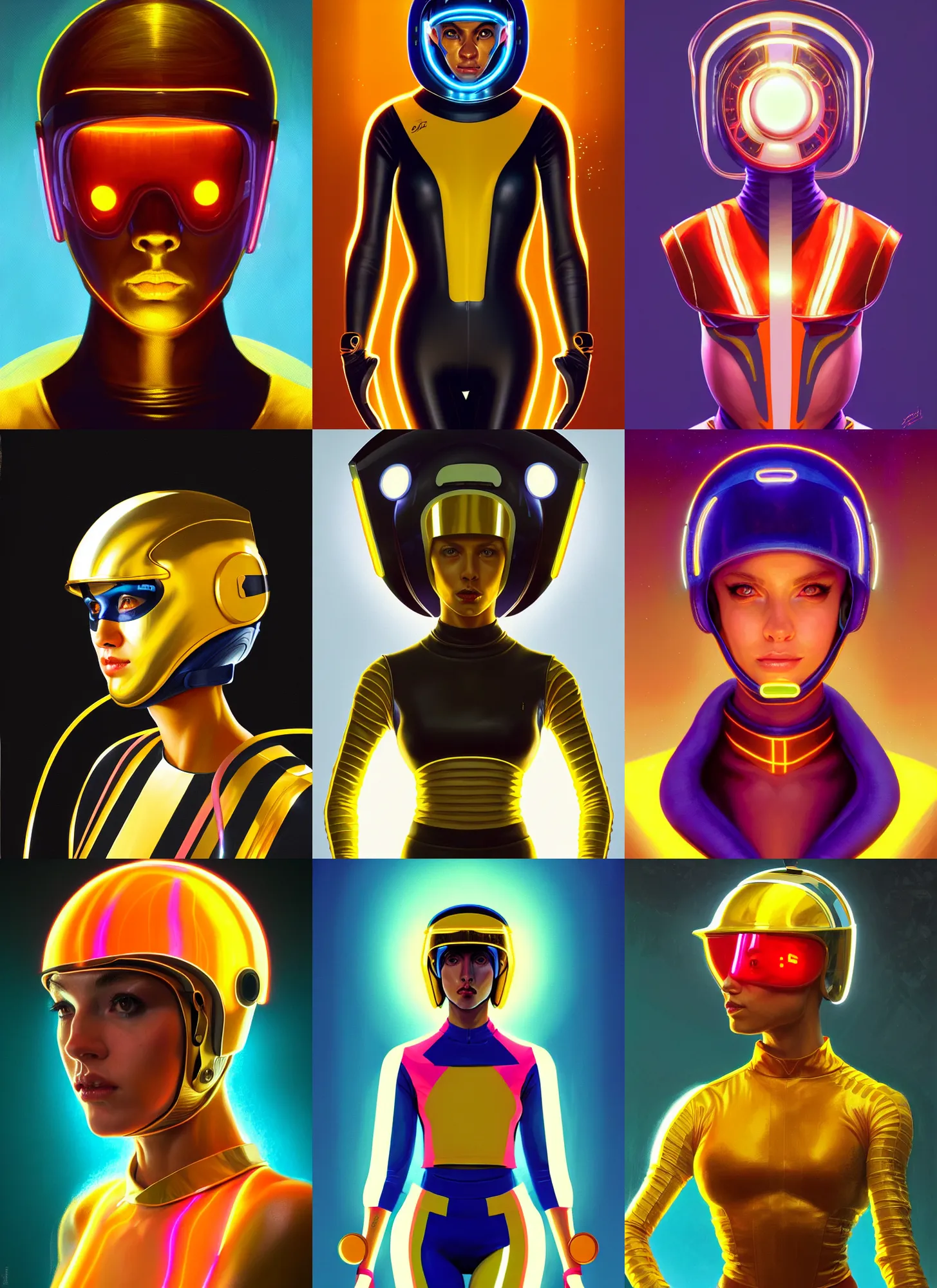 Prompt: symmetry!! portrait of side!! of a 9 0 s aerobic character with soda pop helmet and golden stripe spandex, fantasy, glowing lights!! intricate, elegant, highly detailed, digital painting, artstation, concept art, smooth, sharp focus, illustration, art by julian del rey and greg rutkowski