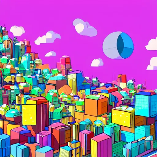 Image similar to futuristic city on a mountainside, colorful city, q - bert blocks, colorful blocks on hillside, 3 d blocks, cel - shading, cel - shaded, 2 0 0 1 anime, bright sunshine