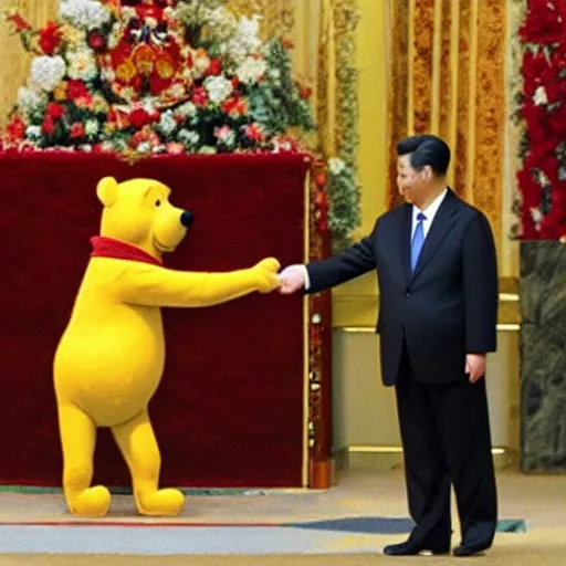 Image similar to winnie the pooh and xi jinping shaking hands in palace