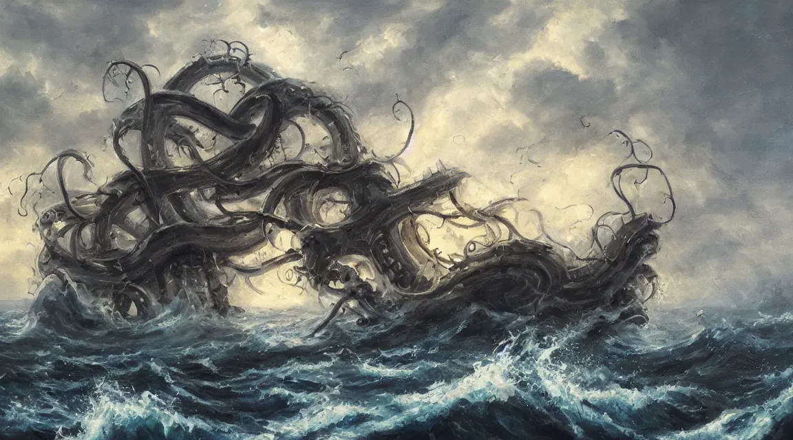 Image similar to oil painting of a kraken attacking a pirate ship