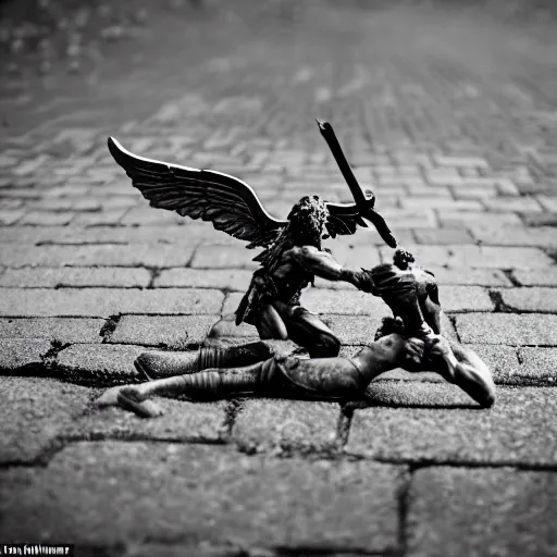 Image similar to A breath taking photo, of The Archangel Michael, fighting the fallen angel Lucifer at the end of time. 85mm lens, f1.8.