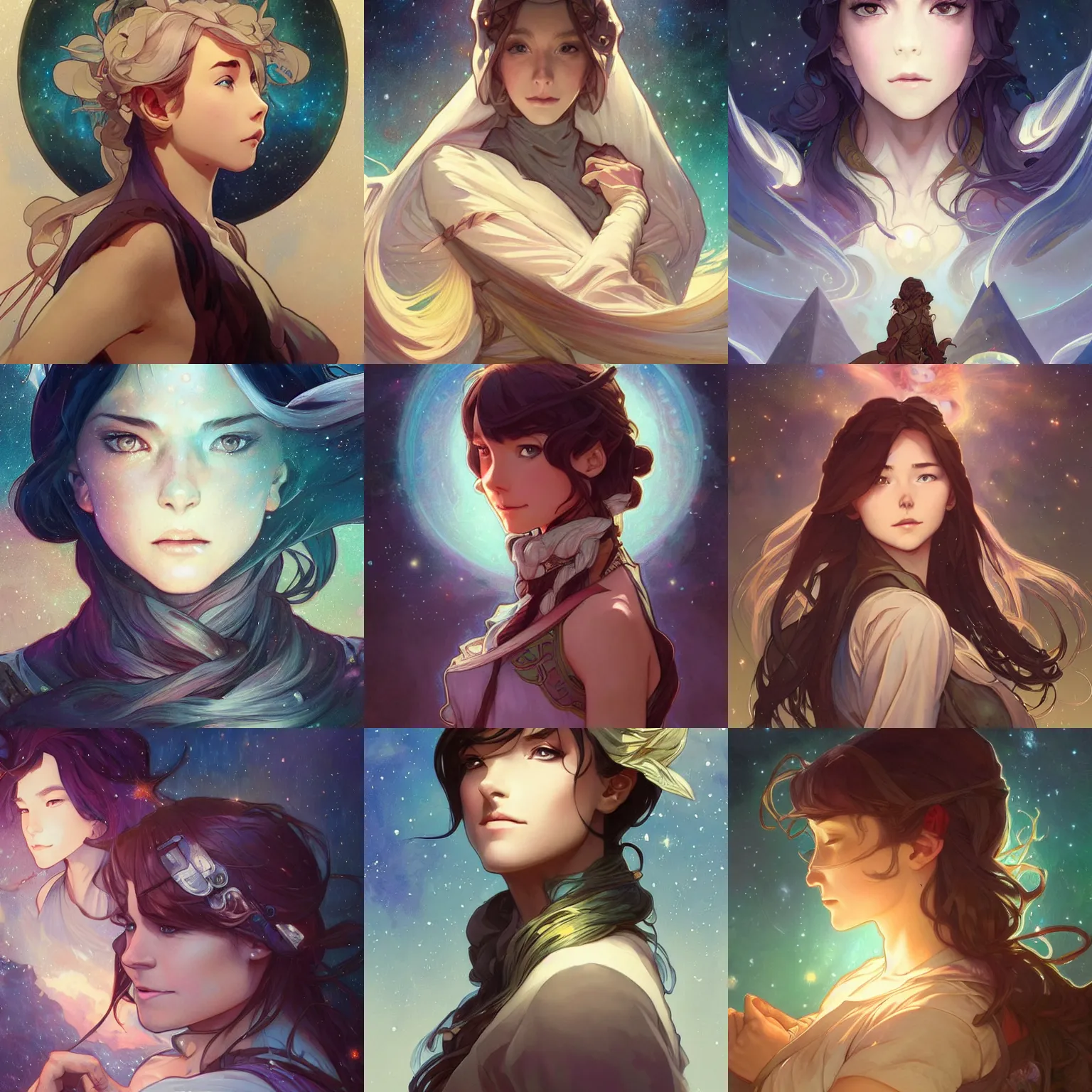 Prompt: stargazing, art by artgerm and greg rutkowski and magali villeneuve and alphonse mucha and rossdraws and makoto shinkai, d & d, fantasy, portrait, highly detailed, headshot, digital painting, trending on artstation, concept art, sharp focus, illustration