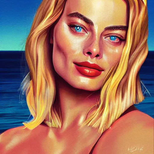 Prompt: a portrait of margot robbie holding a coctail on the beach, beautiful face, highly detailed, digital art