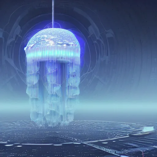 Prompt: a futuristic city on top of a jellyfish floating through space